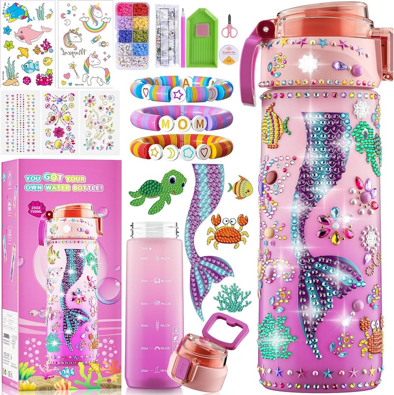 BOOH Decorate Your Own Water Bottle Kits for Girls, Mermaid Painting Diamond Art & Bracelet Making Kit for Girl, Crafts for Kids Ages 4-8, Birthday Christmas School Gifts (Mermaid) - Image 1